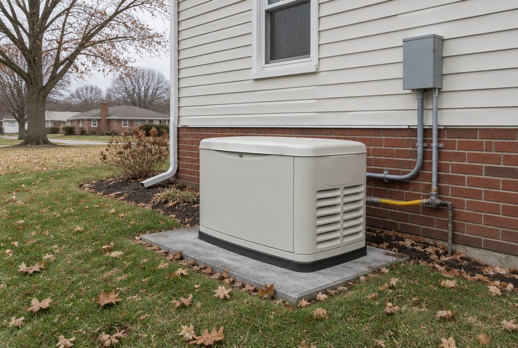 Generac standby generator on a pad beside a home