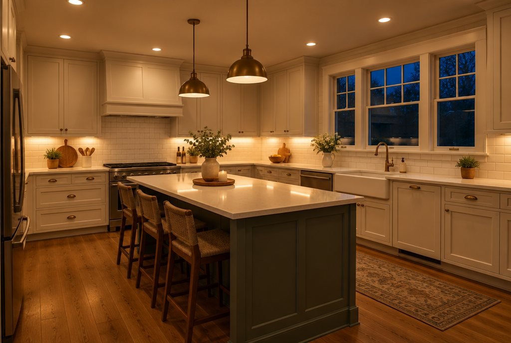 Kitchen with layered recessed, under-cabinet and pendant lighting